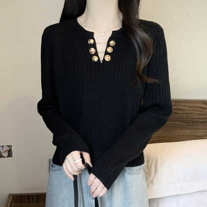 Damen Rippstrickpullover Dekorative Knöpfe Norvielle