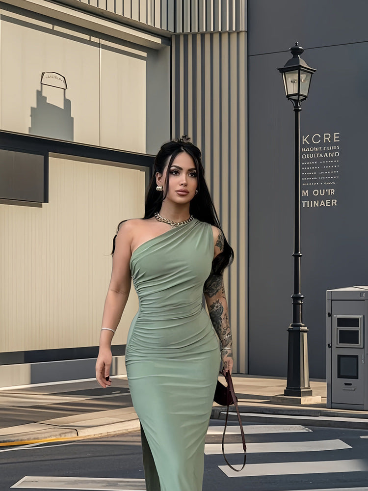 Damen Maxikleid Elegantes One-Shoulder-Design Figurbetont Seiden