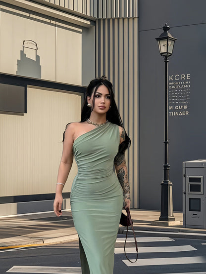 Damen Maxikleid Elegantes One-Shoulder-Design Figurbetont Seiden