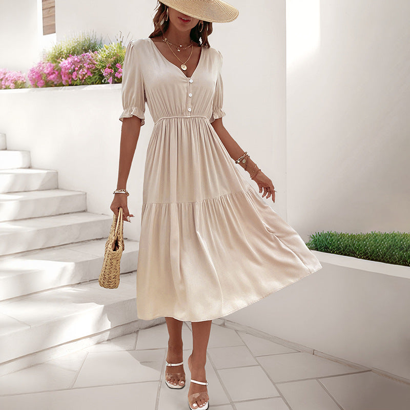 Damen Midi-Kleid Knopfdetail Voluminöse Ärmel Norvielle