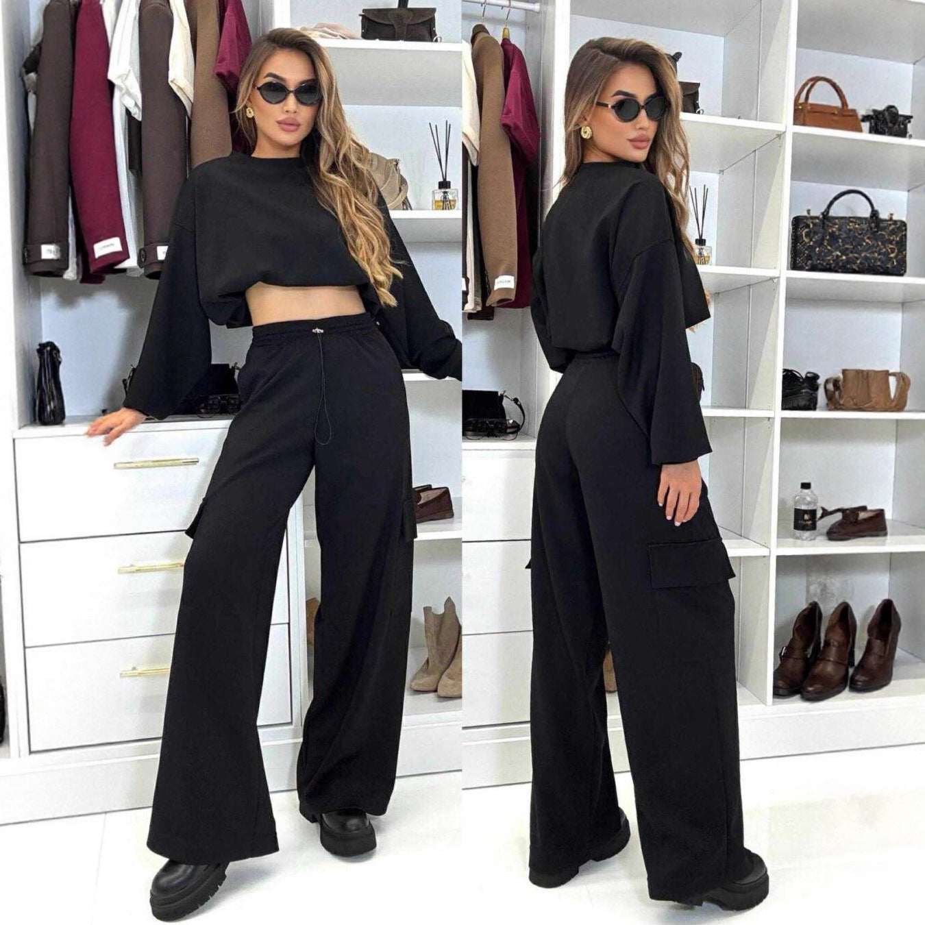 Damen Cargo Lounge Set Cropped Oberteil Bequeme Hosen Norvielle