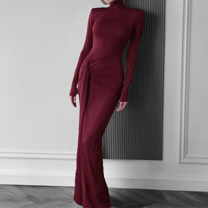 Damen Maxikleid Hohem Stehkragen Asymmetrisch Norvielle