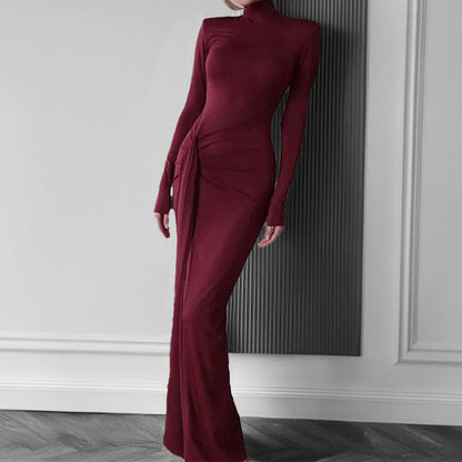 Damen Maxikleid Hohem Stehkragen Asymmetrisch Norvielle