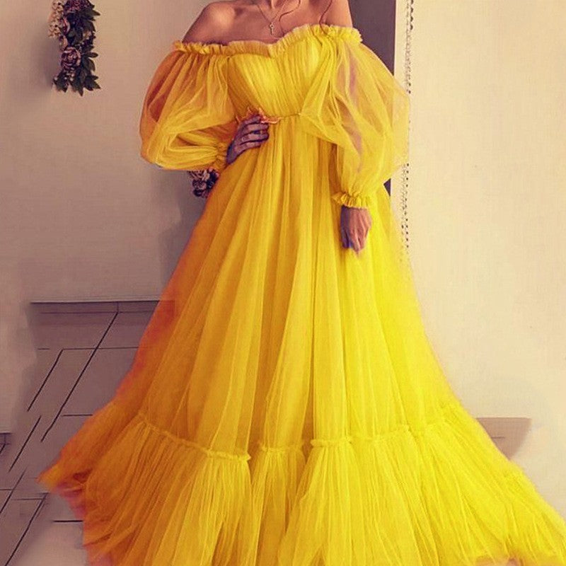 Damen Abendkleid Tüll Schulterfrei Voluminöse Ärmel Norvielle