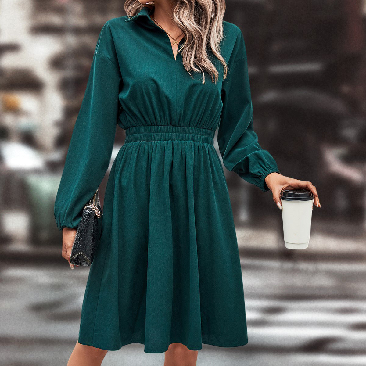 Damen Midi-Kleid mit Taillengummi und Puffärmeln Norvielle