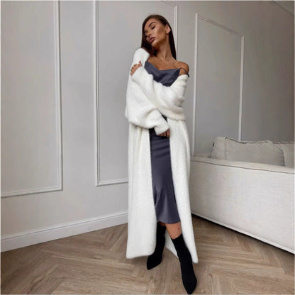 Damen Langstrickmantel Flauschig Elegant Schwarz Norvielle - Norvielle