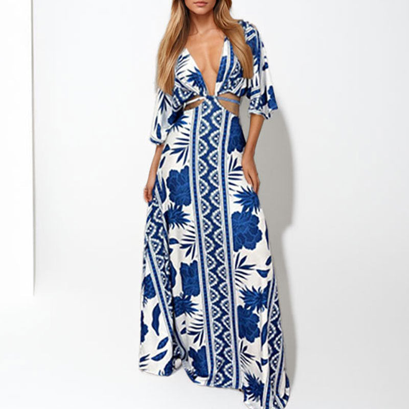 Damen Maxi-Kleid V-Ausschnitt Wellenmuster Norvielle - Norvielle