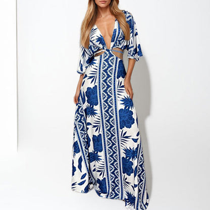 Damen Maxi-Kleid V-Ausschnitt Wellenmuster Norvielle - Norvielle