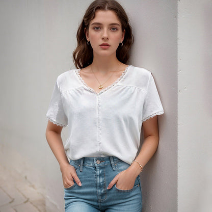 Damen Blusenshirt mit Spitzenakzent V-Ausschnitt Norvielle
