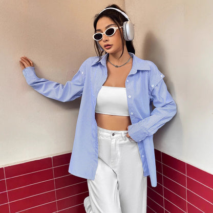 Damen Bluse Gestreift Übergroßer Schnitt Knopfdetails Norvielle