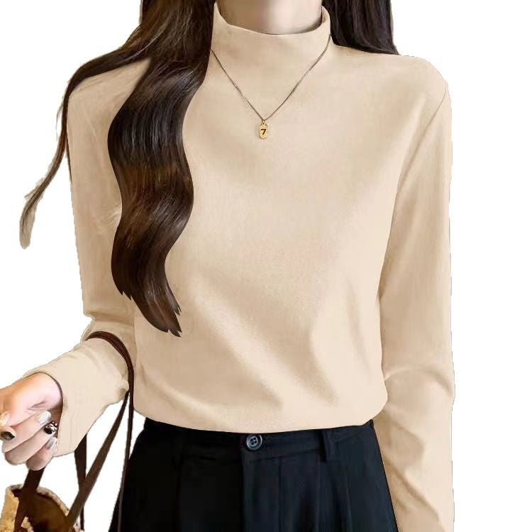 Damen Langarmshirt Hochgeschlossener Kragen Feine Struktur Beige
