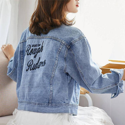 Damen Denimjacke Aufwendig Gestickter Schriftzug Blau - Norvielle