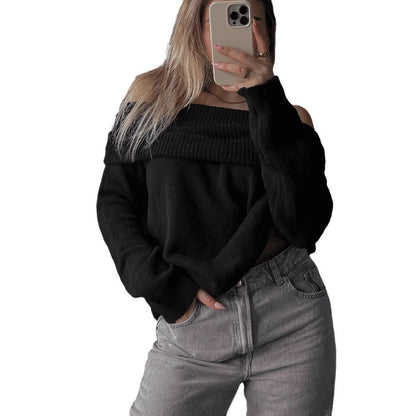 Damen Off-Shoulder Pullover Weiches Strickmaterial Rippdetails Beige