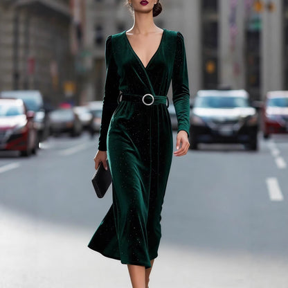 Damen Midikleid Samt Optik Glitzer Akzente Elegantes Design Schwarz - Norvielle