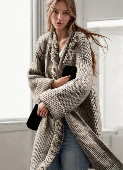 Damen Grobstrick-Cardigan mit Fransen und Knöpfen Norvielle