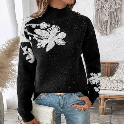 Damen Strickpullover Florales Design Hochkragen Norvielle - Norvielle