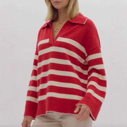 Damen Strickpullover V-Ausschnitt Breites Streifenmuster Norvielle