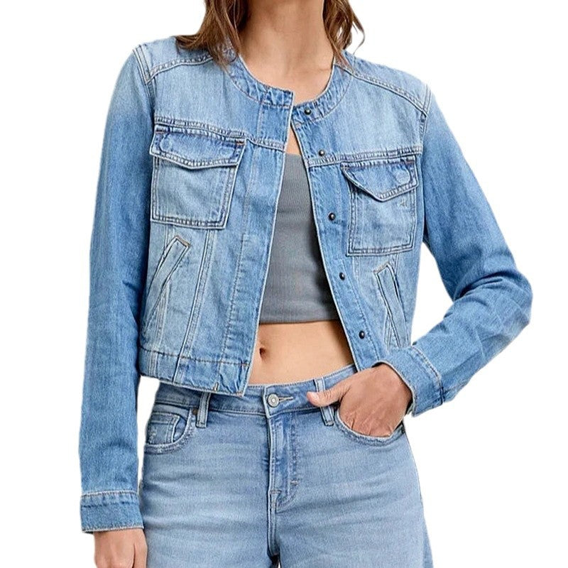 Damen Jeansjacke Cropped Schnitt mit Taschen