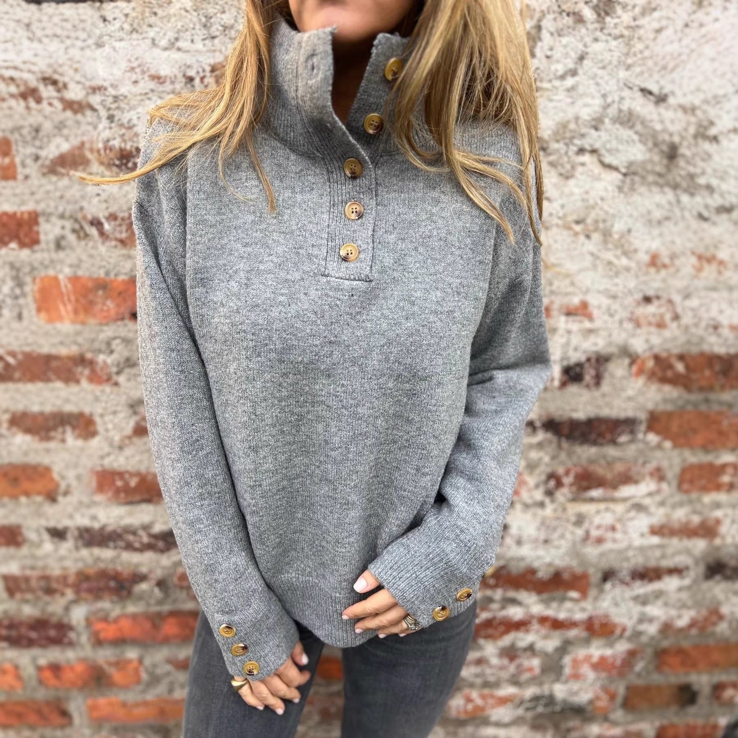 Damen Pullover Hohler Kragen Dekorative Knöpfe Norvielle