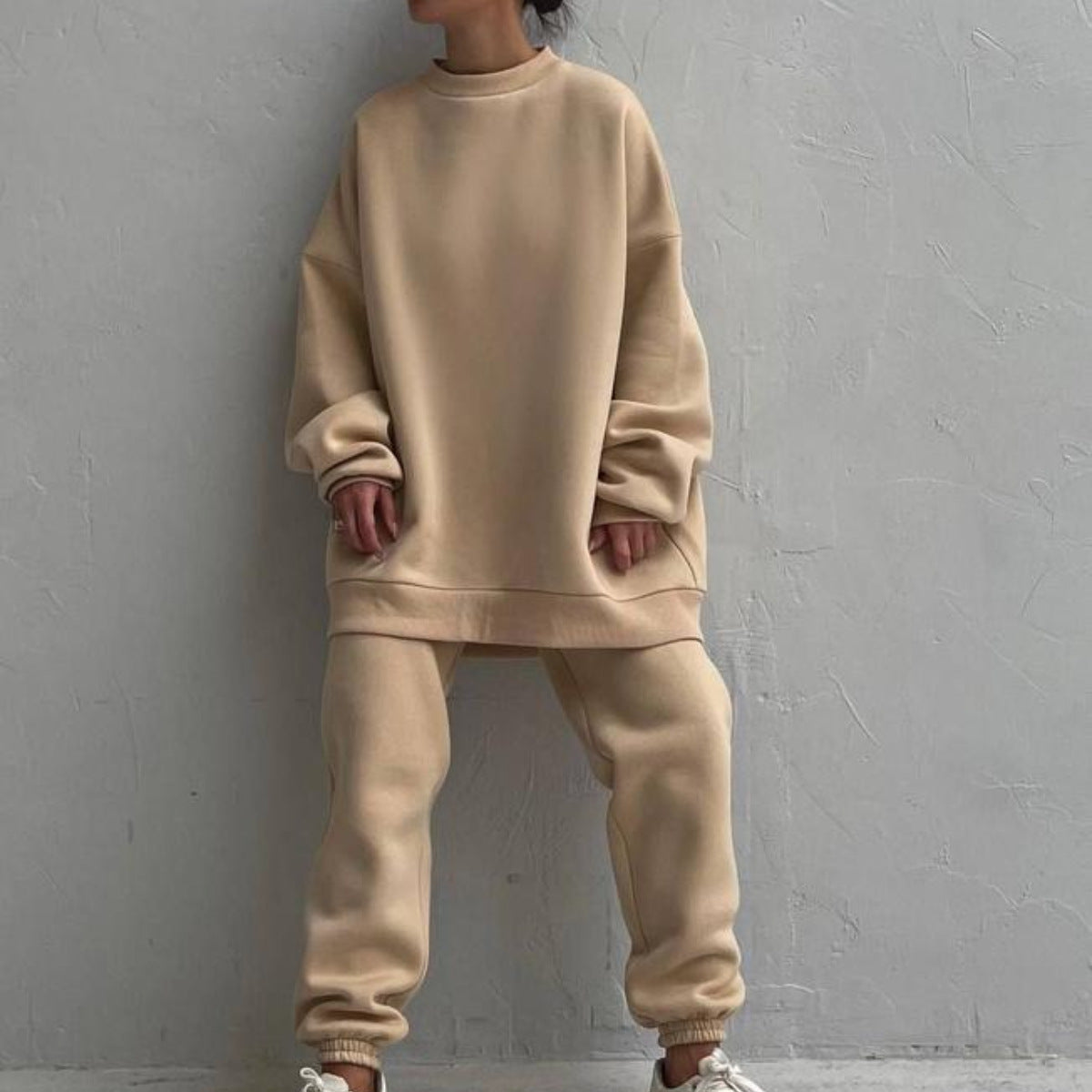 Damen Oversize Loungewear Set Hochkragen Elastisch Beige