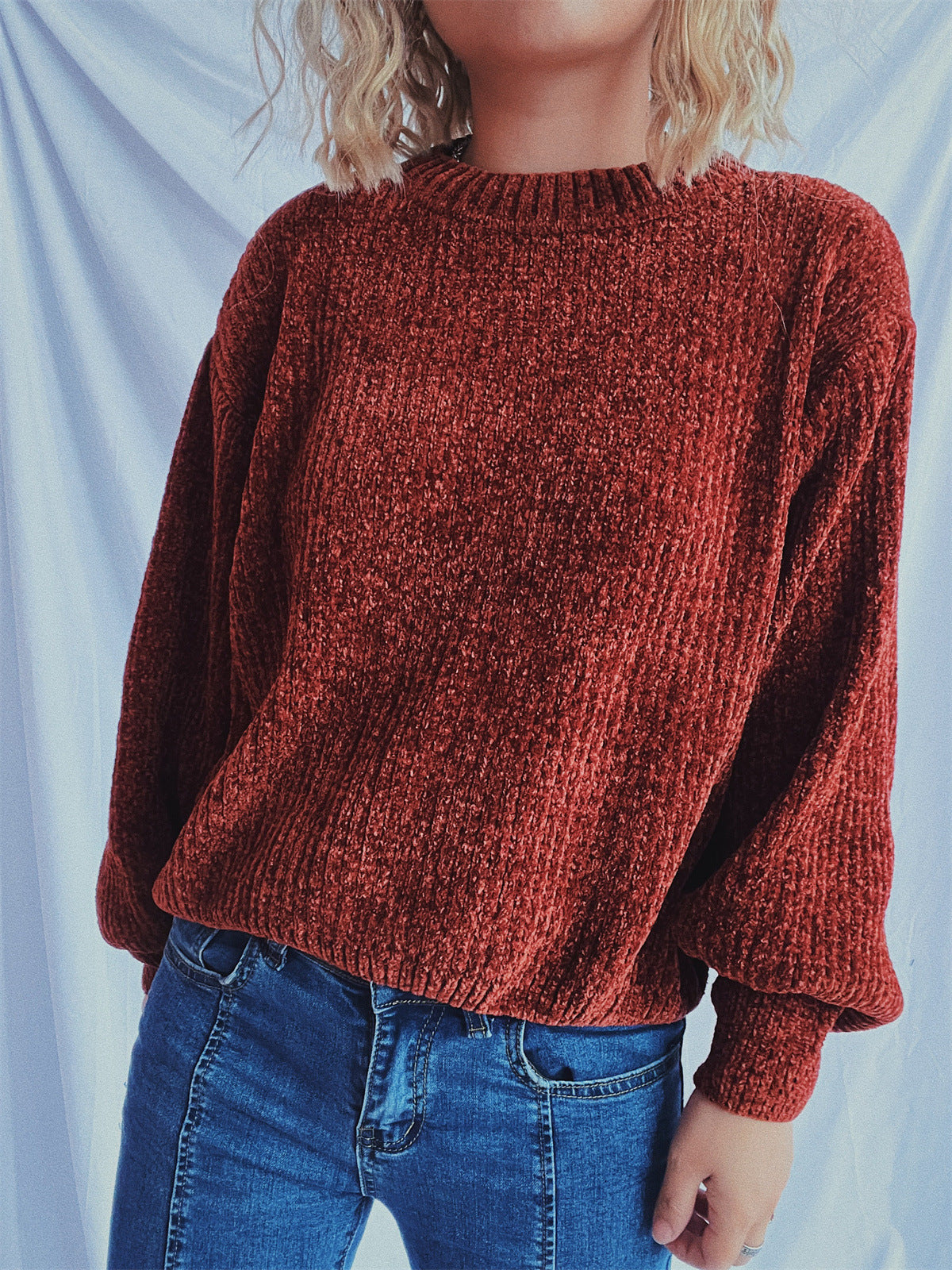 Damen Grobstrickpullover Weite Ärmel Strukturiert Beige Norvielle
