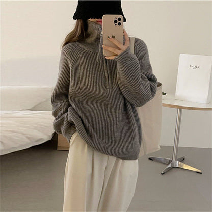 Damen Grobstrickpullover Reißverschluss Hoher Kragen Norvielle