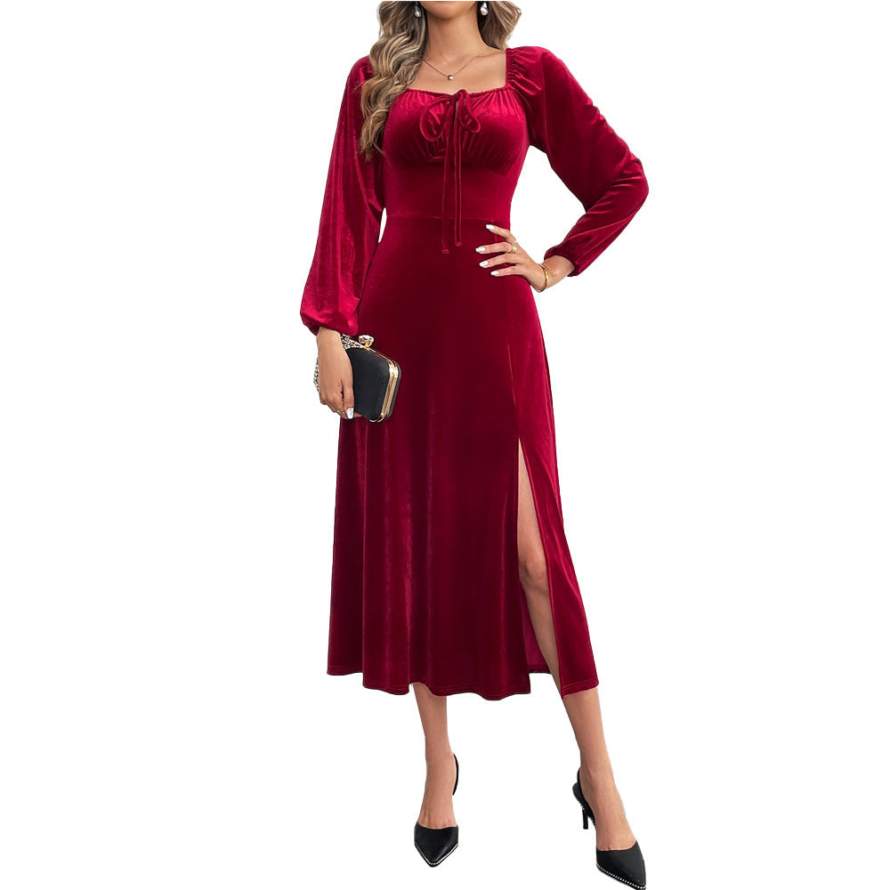 Damen Maxikleid Elegante Drapierung Hochschlitz Norvielle