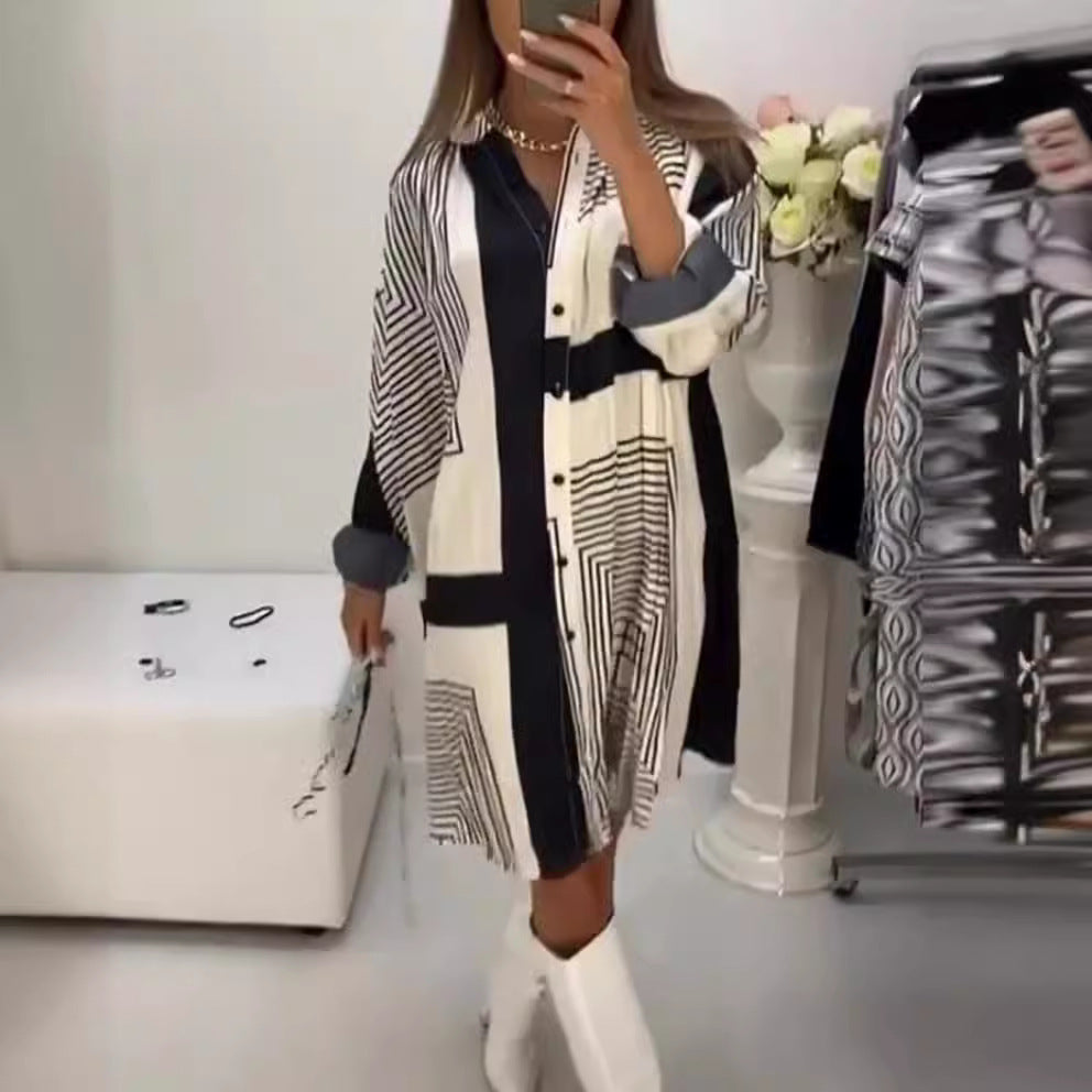 Damen Hemdblusenkleid mit grafischem Muster und Volumenärmeln