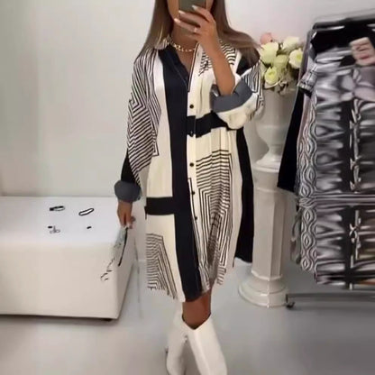 Damen Hemdblusenkleid mit grafischem Muster und Volumenärmeln