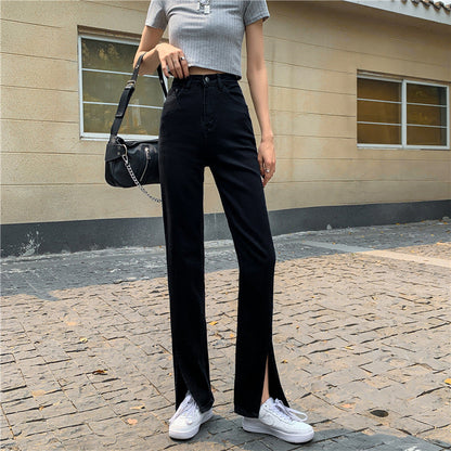 Damen Hochtaillierte Denimhose mit Seitenschlitzen