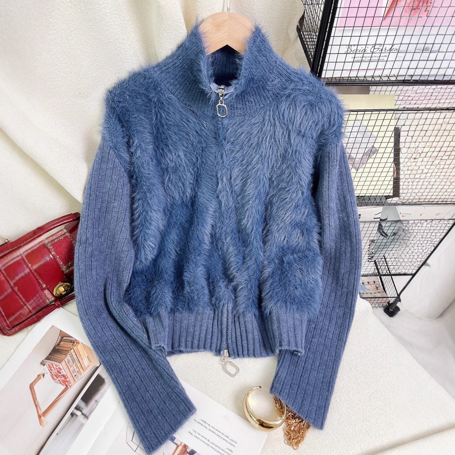 Damen Strickpullover Wärmeisolierend Hochkragen Fleece Einsätze Grau