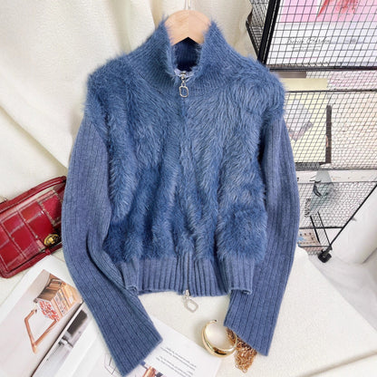 Damen Strickpullover Wärmeisolierend Hochkragen Fleece Einsätze Grau