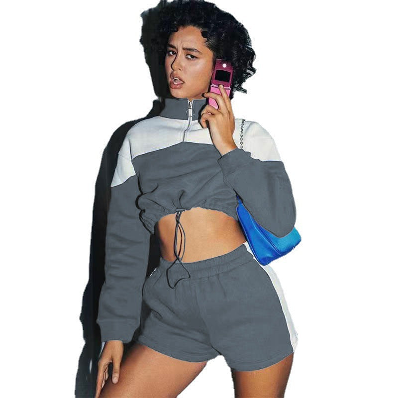 Damen Sportanzug Cropped Hochkragen Kordelzug
