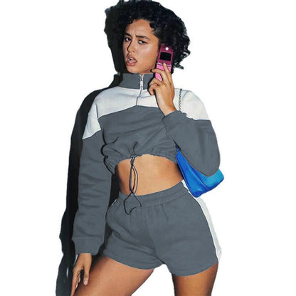 Damen Sportanzug Cropped Hochkragen Kordelzug