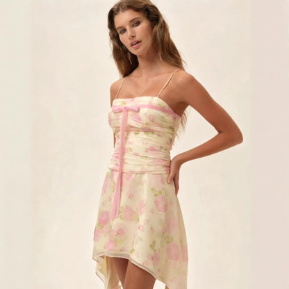 Damen Mini-Kleid mit Blumenmuster Asymmetrischer Saum Elegantes