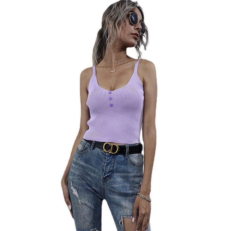 Damen Rippstricktop Ärmellos Knopfleiste Beige