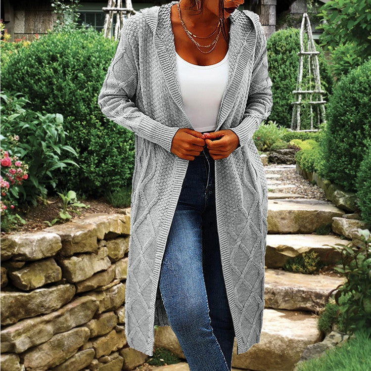 Damen Strickcardigan Lang Hochkragen Zopfmuster Norvielle