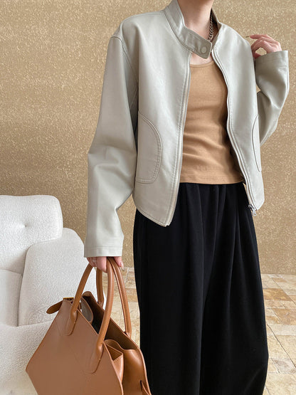 Damen Kunstlederjacke Stehkragen Praktische Taschen