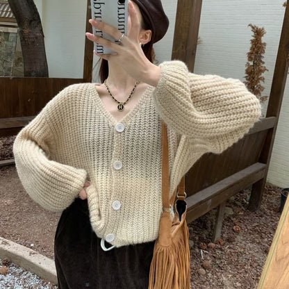 Damen Cardigan Grobstrick Mit Knöpfen Beige