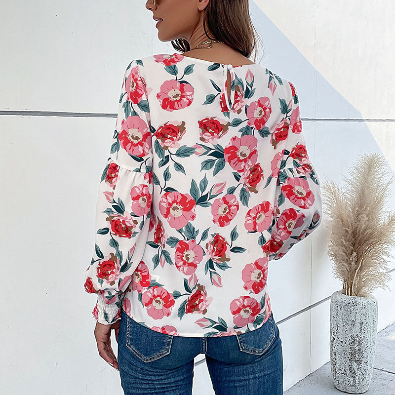Damen Bluse mit Volantärmel Floralmuster Blume