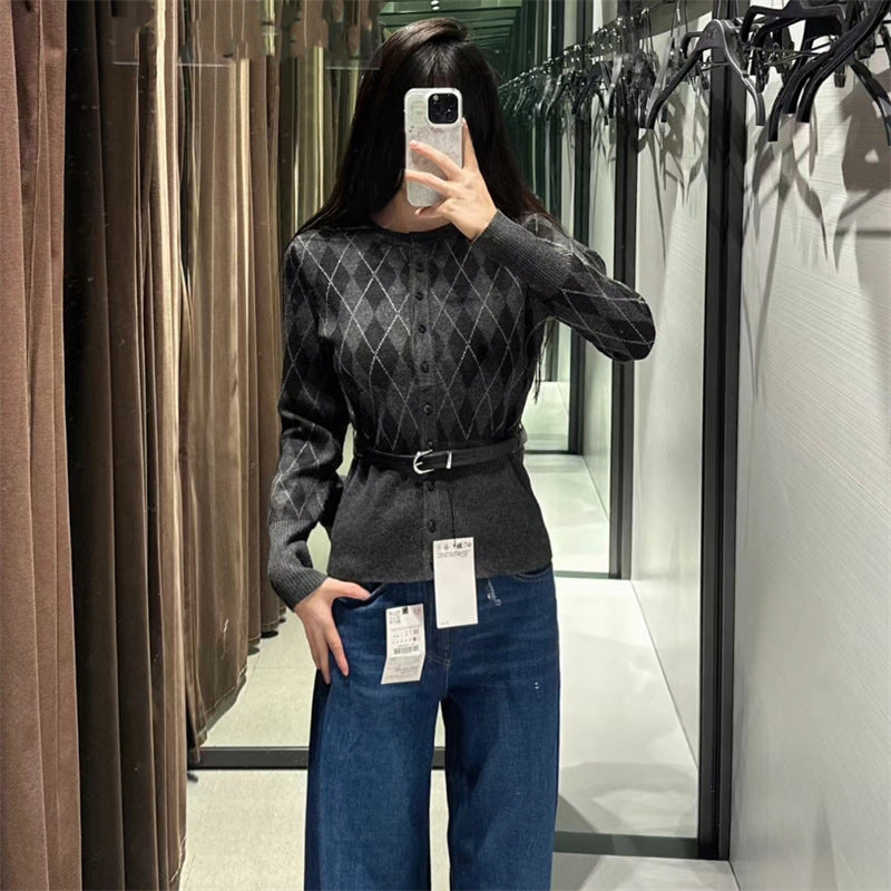 Damen Strickjacke Karomuster Mit Abnehmbarem Gürtel Norvielle
