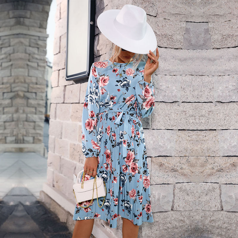 Damen Midi-Kleid Florales Muster Taillengürtel