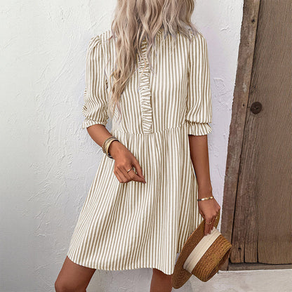 Damen Kleid aus Baumwolle mit Rüschen und Streifen