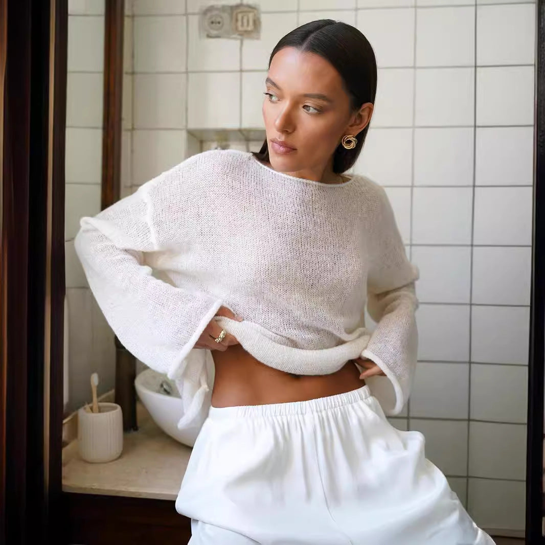 Damen Pullover Lässig Weite Ärmel Feines Lochstrick Beige - Norvielle