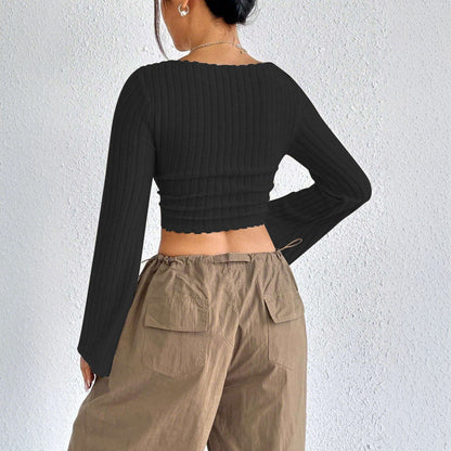 Damen Langarm Crop Rippdesign Abgerundet Norvielle