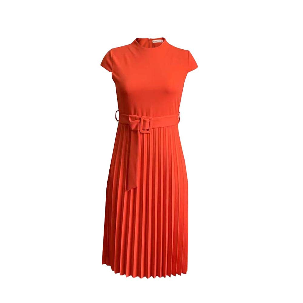 Damen Kleid Plissee mit Stehkragen und Taillengürtel