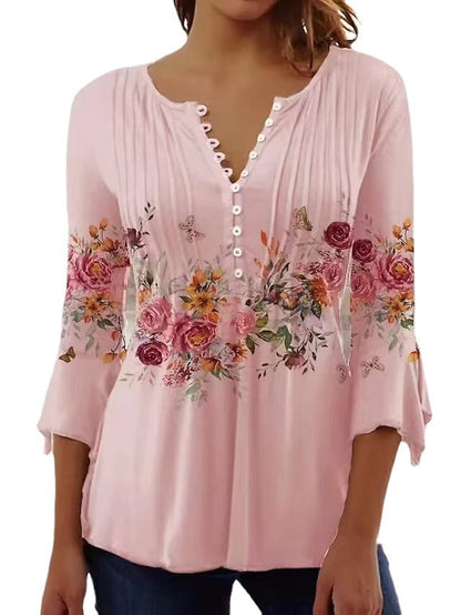 Damen Bluse Floralmuster Knöpfe Norvielle