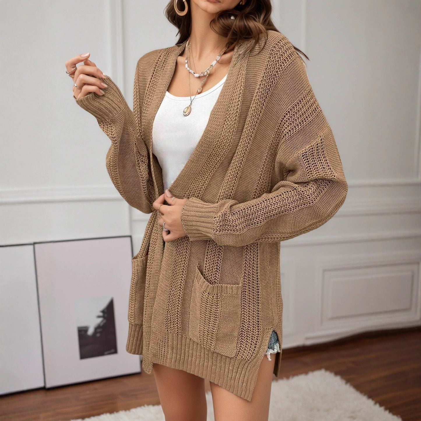 Damen Strickcardigan Offene Maschen Praktische Taschen Beige