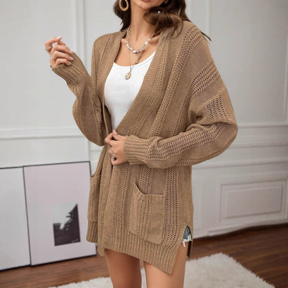 Damen Strickcardigan Offene Maschen Praktische Taschen Beige