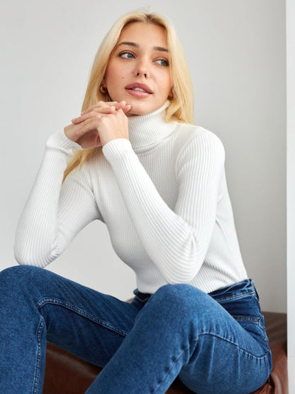 Damen Pullover Lang mit hohem Kragen und Rippenstruktur Norvielle